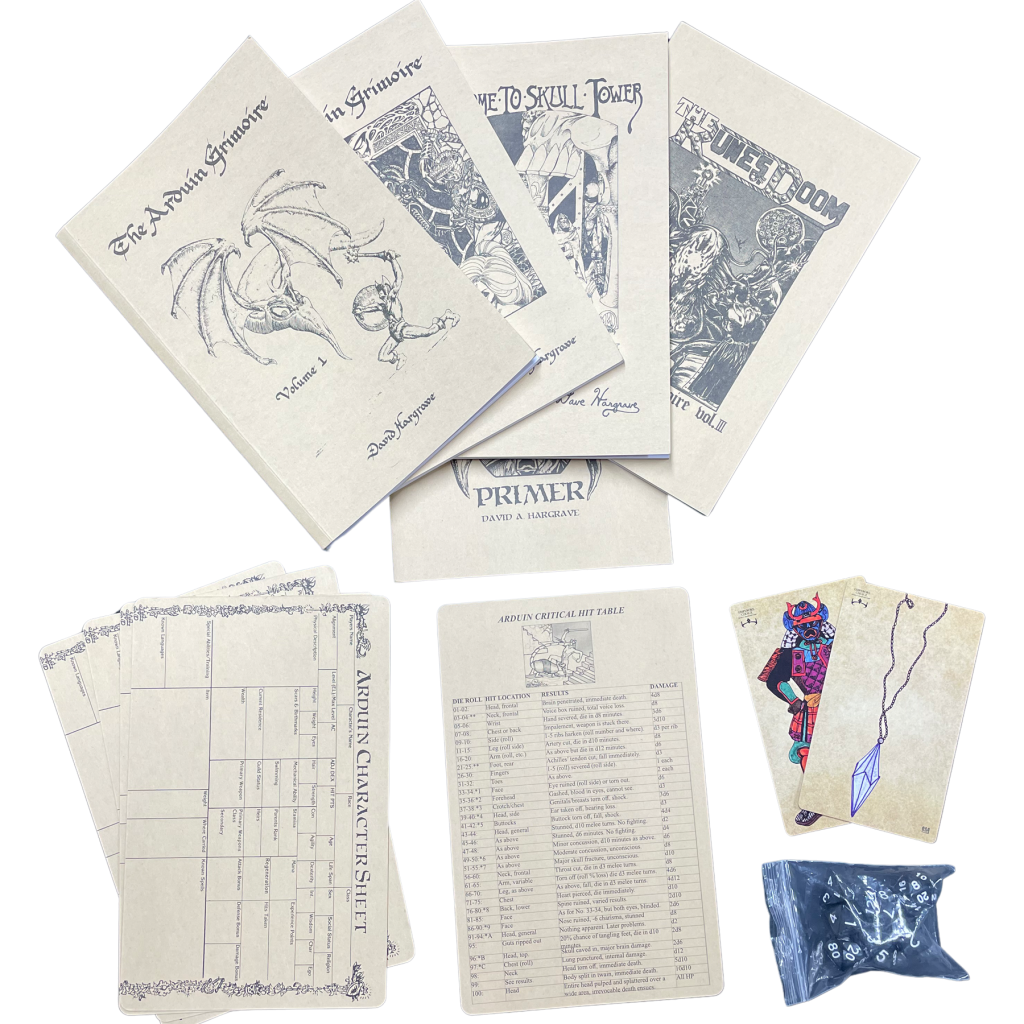 Harbinger contents - 5 books, 2 cards from Hargraves stash, dice, character sheets, critical hit table, great box!