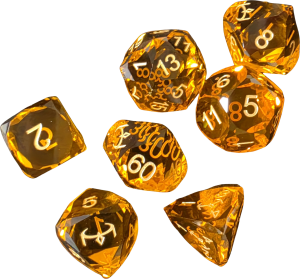 Glass Dice Set (7) - Orange (slight Yellow) with Facet Cut with Crown logo