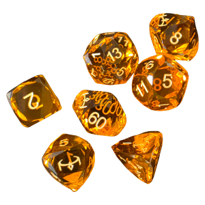 Glass Dice Set (7) - Orange (slight Yellow) with Facet Cut with Crown logo