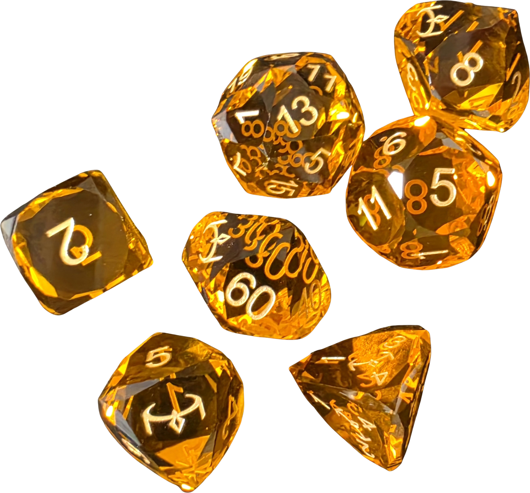 Glass Dice Set (7) - Orange (slight Yellow) with Facet Cut with Crown logo