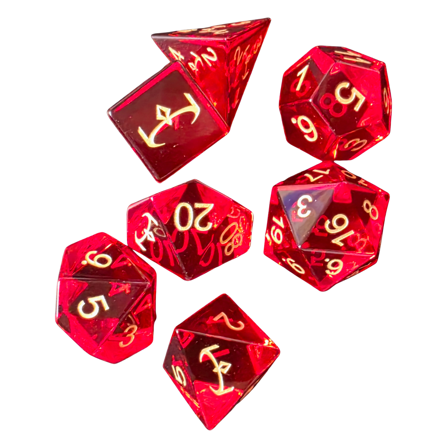 Glass Dice Set (7) - Red with Regular Cut with Crown logo