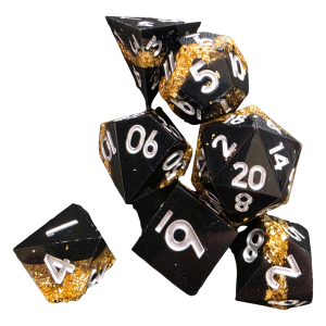 Resin Dice (7) Stripe Black - Gold with Silver Font