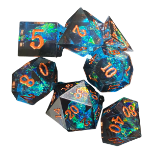 Sparkle Red Blue - Brass Font Resin Dice (7) Sharp Edge (LM-R078Red Blue - Brass Font)
