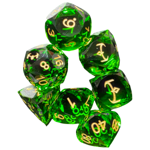 Glass Dice Set (7) - Green with Facet Cut with Crown logo