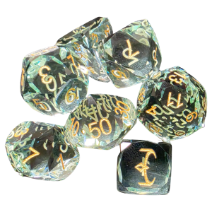 Glass Dice Set (7) - Light Green with Facet Cut with Crown logo