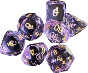 Glass Dice Set (7) - Violet Purple with Facet Cut with Crown logo